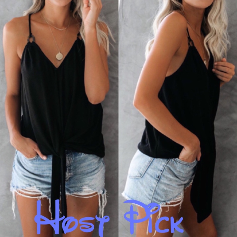 Black Quicksand Spaghetti Strap Tank Top with Tie Detailing